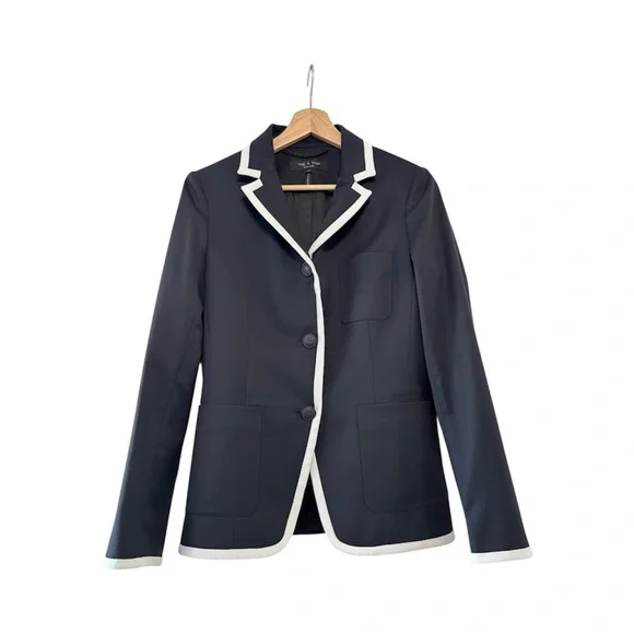 Rag & Bone Redgrave Piped Navy Wool Blend Blazer White Trim 3 Button Preppy 2 - Picture 2 of 8